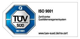 TÜV Zertifikat für Qualitätsmanagementsystem nach ISO 9001.