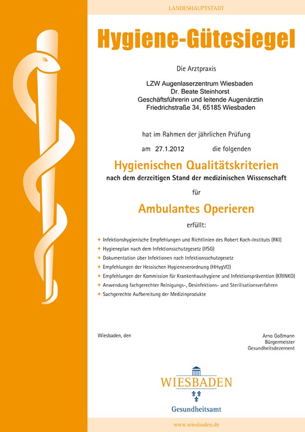 Hygiene-Gütesiegel des Gesundheitsamtes Wiesbaden.